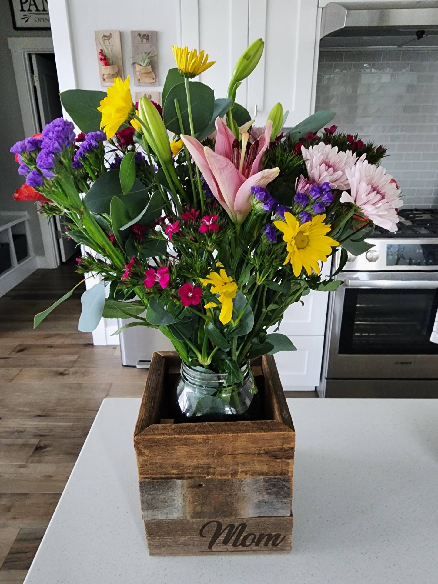 Rustic Wood Farmhouse Crock / Planter - Mom
