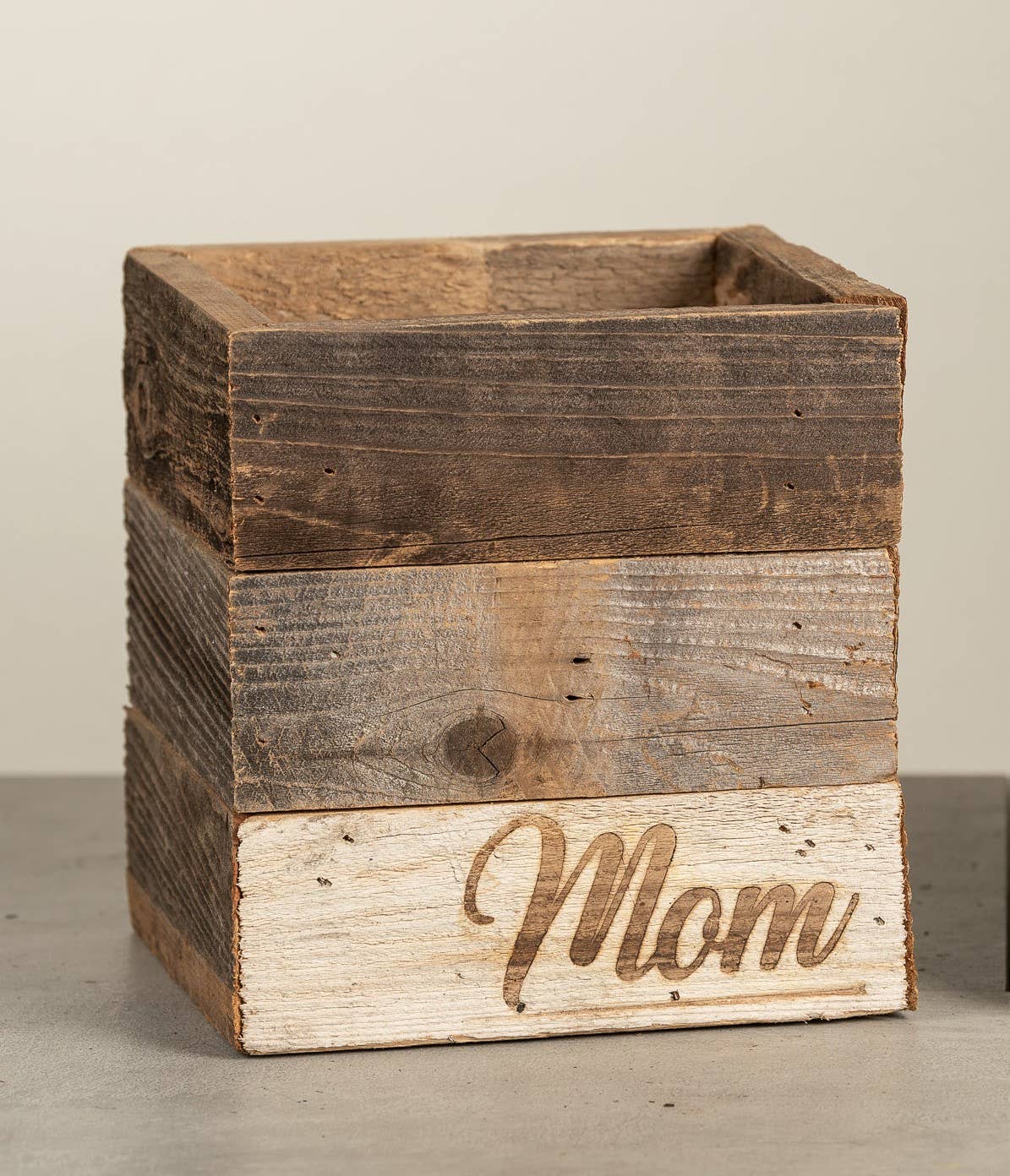 Rustic Wood Farmhouse Crock / Planter - Mom