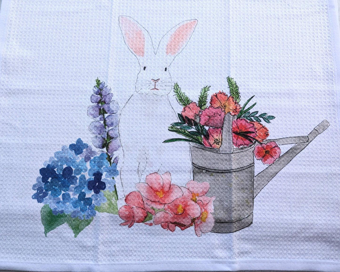 Large Kitchen Tea Towel - Spring Bunny with Flowers