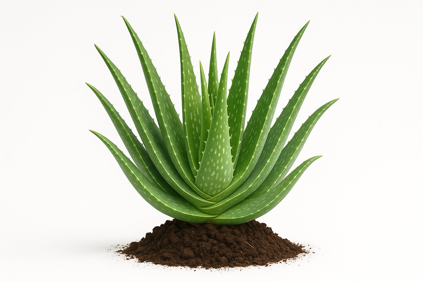Aloe Vera Show the entire, mature plant upright with true-to-type, healthy foliage, the edible part visible, and in a small clump of natural soil. Use a solid, clean white background in a high-detail, fresh botanical catalog style for an online store.
Also show a close-up of the mature edible part (such as fruit, leaf, head, or flower) alone, on the same solid white background with accurate color, texture, and premium, fresh-picked appearance.