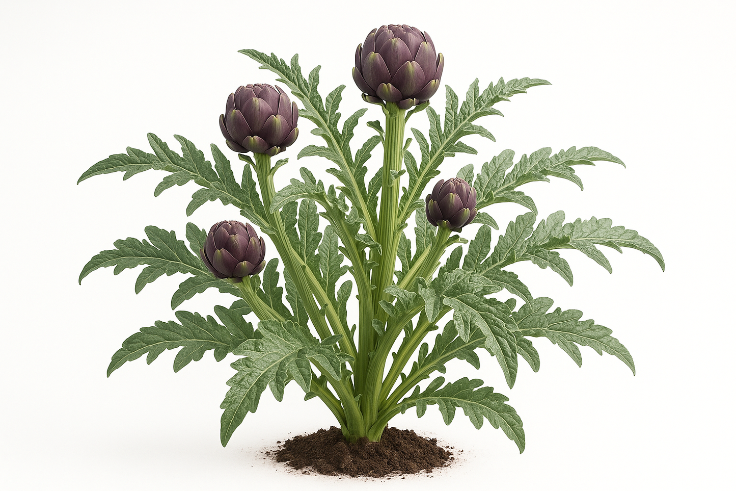 Artichoke Purple Italian Globe Show the entire, mature plant upright with true-to-type, healthy foliage, the edible part visible, and in a small clump of natural soil. Use a solid, clean white background in a high-detail, fresh botanical catalog style for an online store.
Also show a close-up of the mature edible part (such as fruit, leaf, head, or flower) alone, on the same solid white background with accurate color, texture, and premium, fresh-picked appearance.