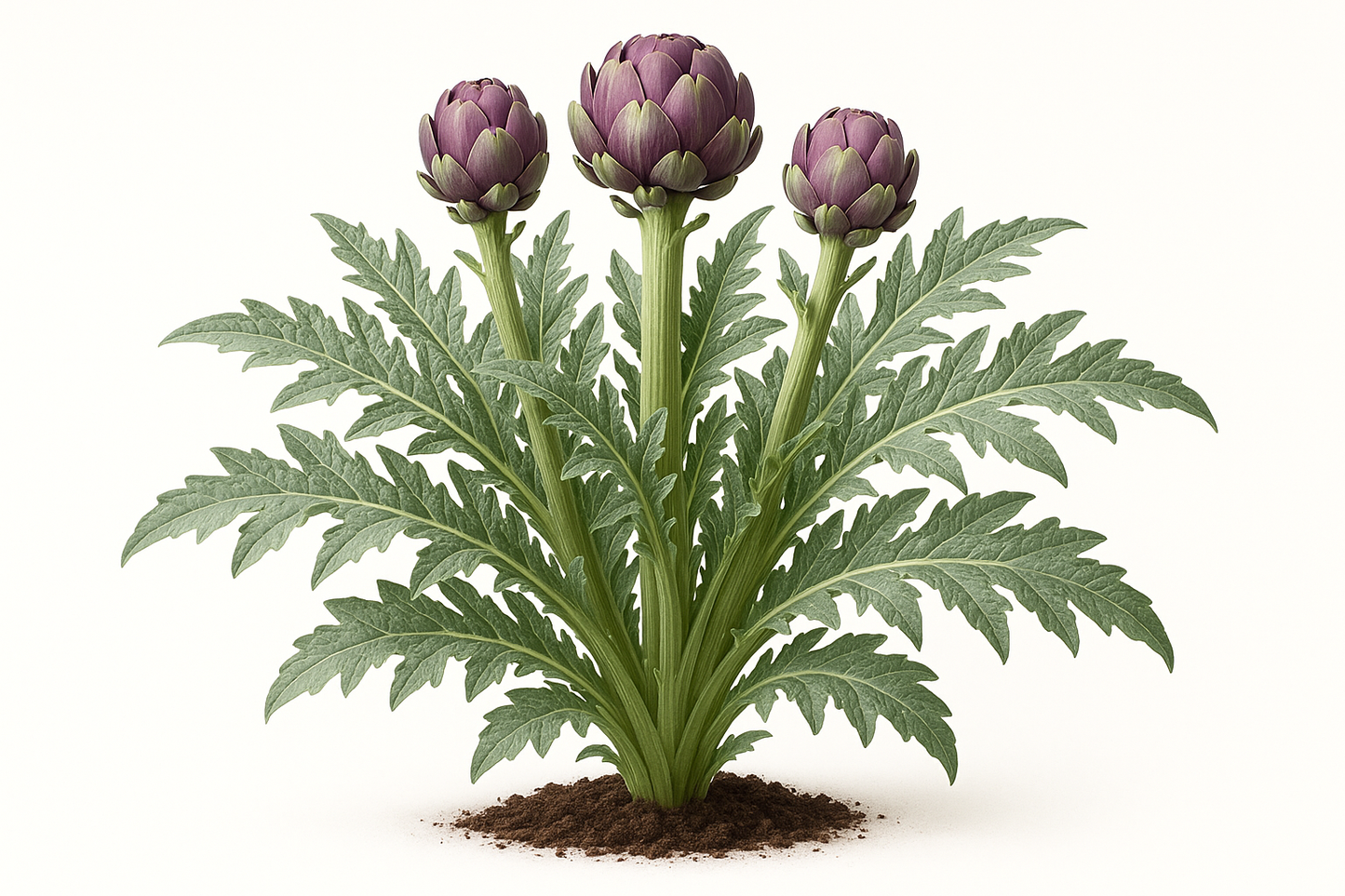 Artichoke Violet de Provence Show the entire, mature plant upright with true-to-type, healthy foliage, the edible part visible, and in a small clump of natural soil. Use a solid, clean white background in a high-detail, fresh botanical catalog style for an online store.
Also show a close-up of the mature edible part (such as fruit, leaf, head, or flower) alone, on the same solid white background with accurate color, texture, and premium, fresh-picked appearance.