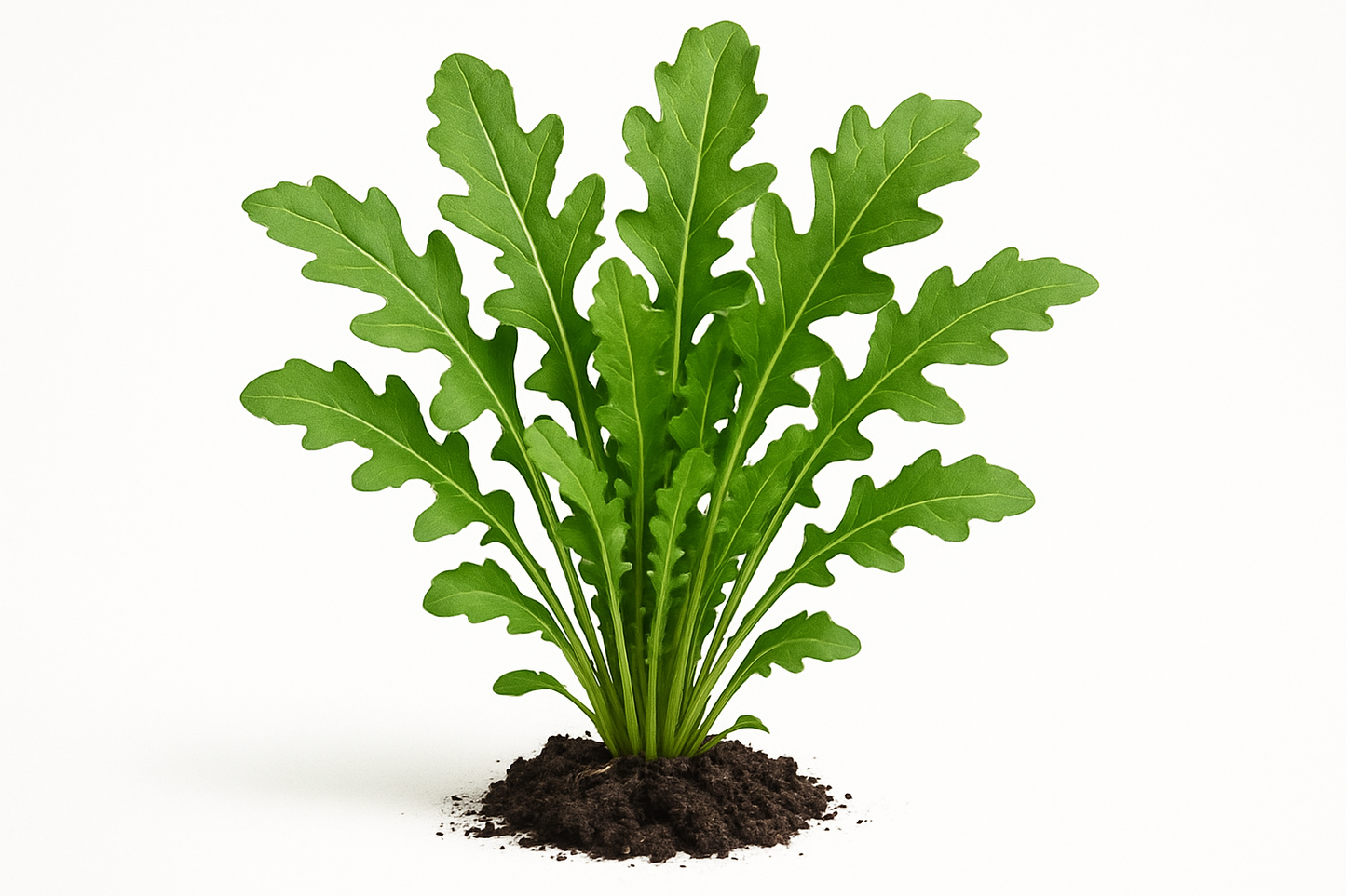 Arugula Astro Show the entire, mature plant upright with true-to-type, healthy foliage, the edible part visible, and in a small clump of natural soil. Use a solid, clean white background in a high-detail, fresh botanical catalog style for an online store.
Also show a close-up of the mature edible part (such as fruit, leaf, head, or flower) alone, on the same solid white background with accurate color, texture, and premium, fresh-picked appearance.