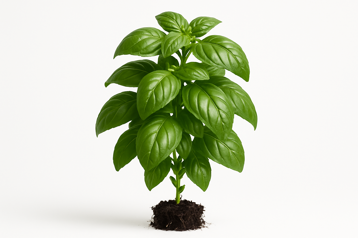 basil everleaf genovese Show the entire, mature plant upright with true-to-type, healthy foliage, the edible part visible, and in a small clump of natural soil. Use a solid, clean white background in a high-detail, fresh botanical catalog style for an online store.
Also show a close-up of the mature edible part (such as fruit, leaf, head, or flower) alone, on the same solid white background with accurate color, texture, and premium, fresh-picked appearance.