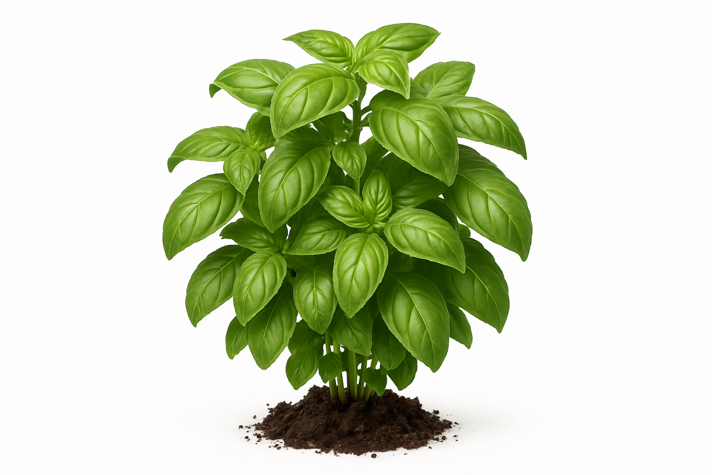 basil genovese Show the entire, mature plant upright with true-to-type, healthy foliage, and in a small clump of natural soil. Use a solid, clean white background in a high-detail, fresh botanical catalog style for an online store.