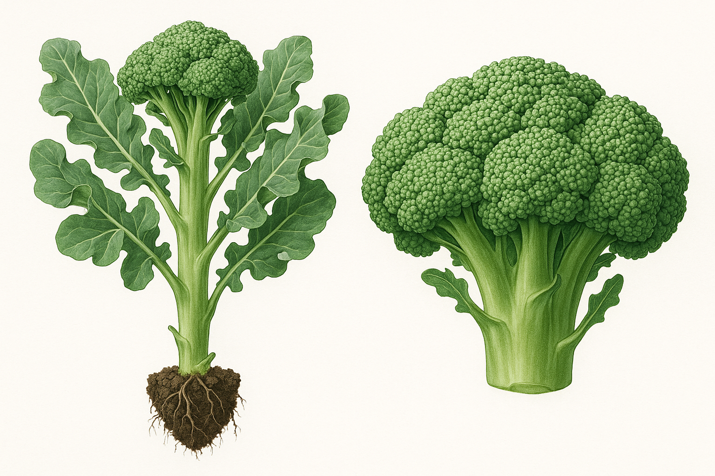 Broccoli De Cicco Show the entire, mature plant upright with true-to-type, healthy foliage, the edible part visible, and in a small clump of natural soil. Use a solid, clean white background in a high-detail, fresh botanical catalog style for an online store.
Also show a close-up of the mature edible part (such as fruit, leaf, head, or flower) alone, on the same solid white background with accurate color, texture, and premium, fresh-picked appearance.