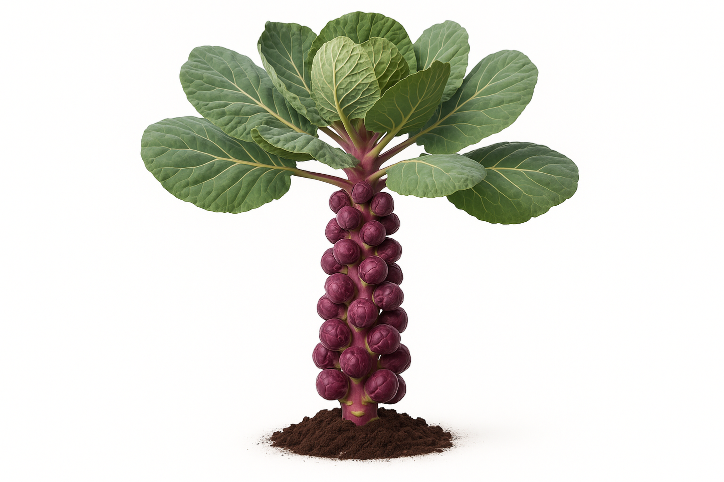 Brussels Sprouts Tasty Red Show the entire, mature plant upright with true-to-type, healthy foliage, the edible part visible, and in a small clump of natural soil. Use a solid, clean white background in a high-detail, fresh botanical catalog style for an online store.
Also show a close-up of the mature edible part (such as fruit, leaf, head, or flower) alone, on the same solid white background with accurate color, texture, and premium, fresh-picked appearance.