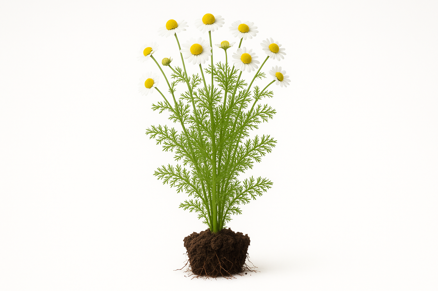 chamomile german Show the entire, mature plant upright with true-to-type, healthy foliage, and in a small clump of natural soil. Use a solid, clean white background in a high-detail, fresh botanical catalog style for an online store.