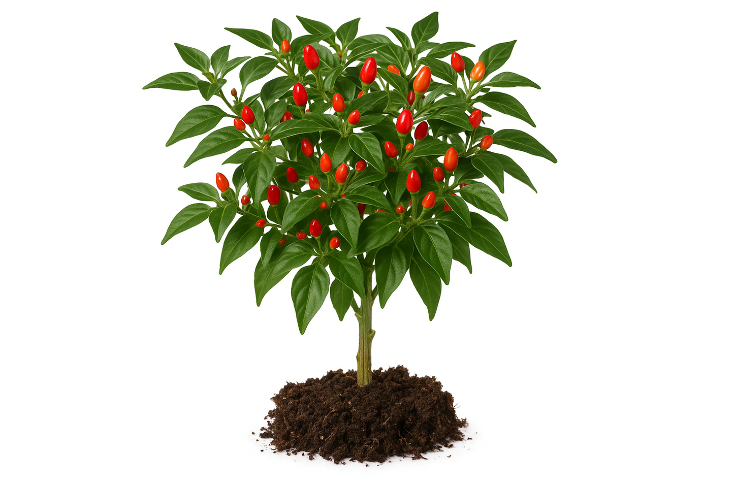 chili pequin tepin pepper Show the entire, mature plant upright with true-to-type, healthy foliage, the edible part visible, and in a small clump of natural soil. Use a solid, clean white background in a high-detail, fresh botanical catalog style for an online store.
Also show a close-up of the mature edible part (such as fruit, leaf, head, or flower) alone, on the same solid white background with accurate color, texture, and premium, fresh-picked appearance.