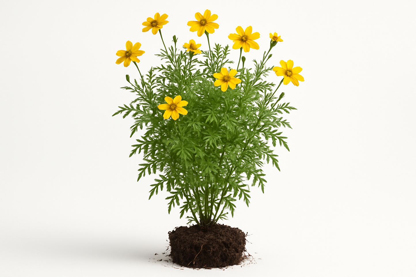 copper canyon daisy Show the entire, mature plant upright with true-to-type, healthy foliage, and in a small clump of natural soil. Use a solid, clean white background in a high-detail, fresh botanical catalog style for an online store.
