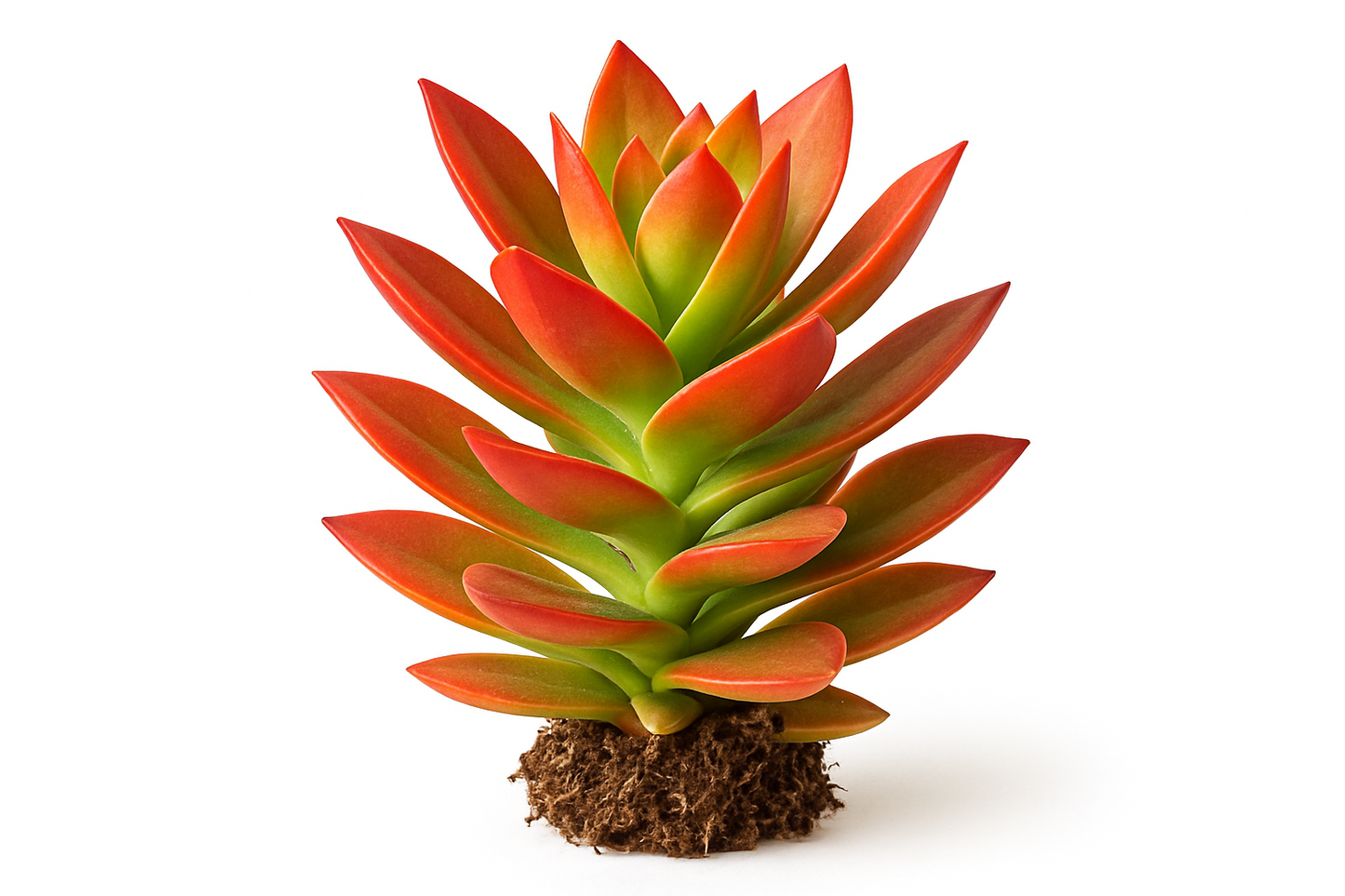 crassula campfire Show the entire, mature plant upright with true-to-type, healthy foliage, and in a small clump of natural soil. Use a solid, clean white background in a high-detail, fresh botanical catalog style for an online store.