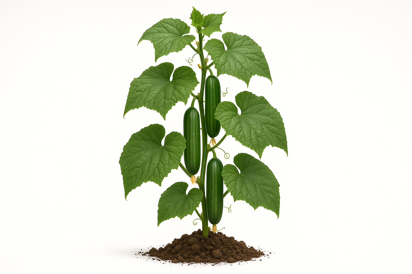 Cucumber Burpless Show the entire, mature plant upright with true-to-type, healthy foliage, the edible part visible, and in a small clump of natural soil. Use a solid, clean white background in a high-detail, fresh botanical catalog style for an online store.
Also show a close-up of the mature edible part (such as fruit, leaf, head, or flower) alone, on the same solid white background with accurate color, texture, and premium, fresh-picked appearance.