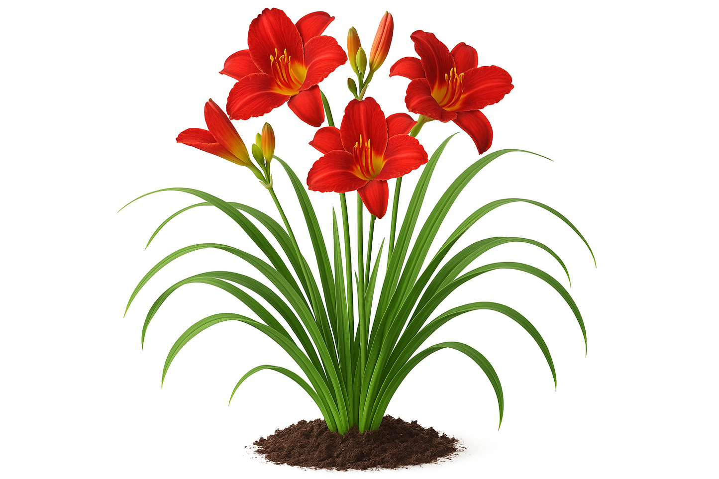 Daylily Frankly Scarlet Show the entire, mature plant upright with true-to-type, healthy foliage, and in a small clump of natural soil. Use a solid, clean white background in a high-detail, fresh botanical catalog style for an online store.
