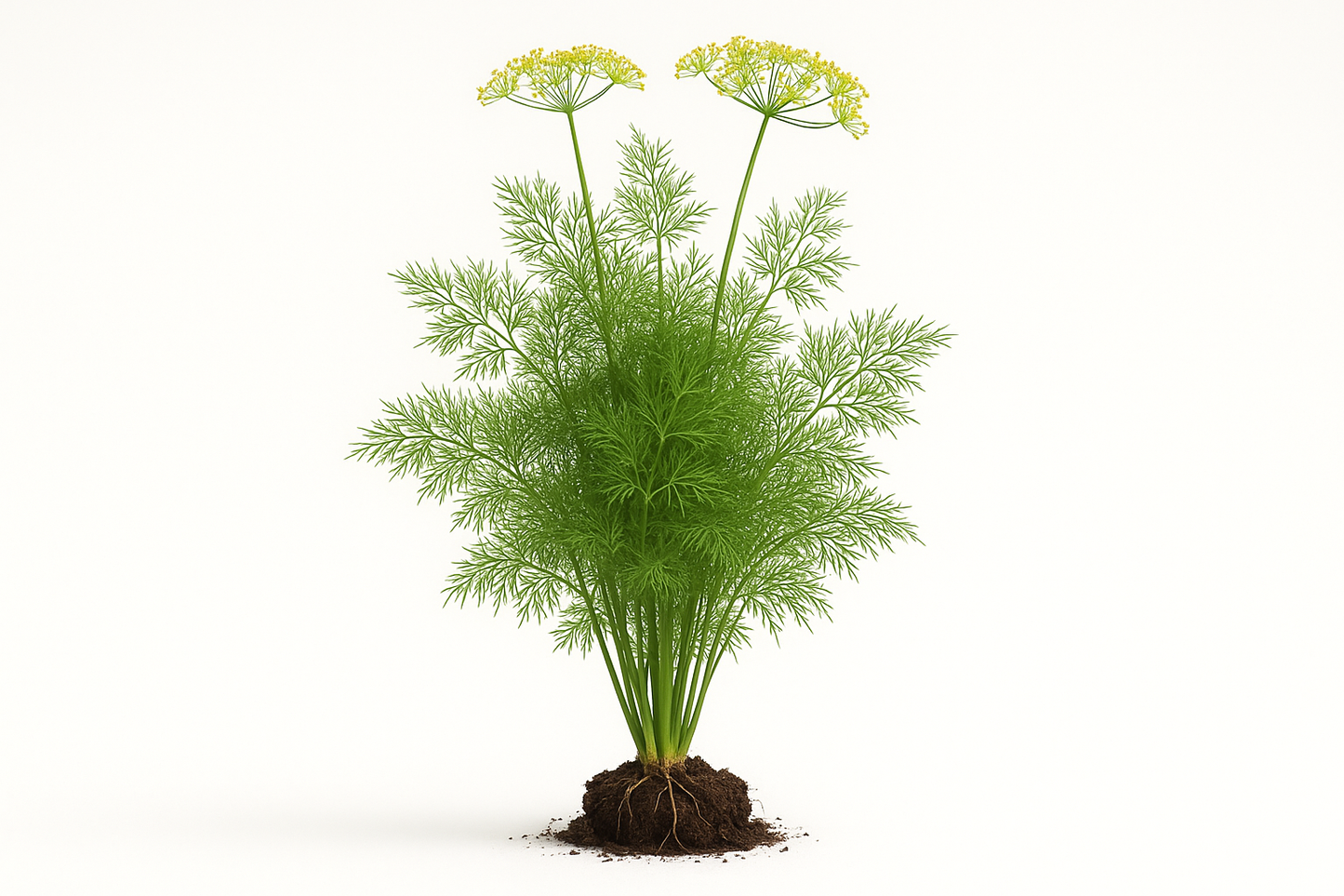 dill, bouquet Show the entire, mature plant upright with true-to-type, healthy foliage, and in a small clump of natural soil. Use a solid, clean white background in a high-detail, fresh botanical catalog style for an online store.