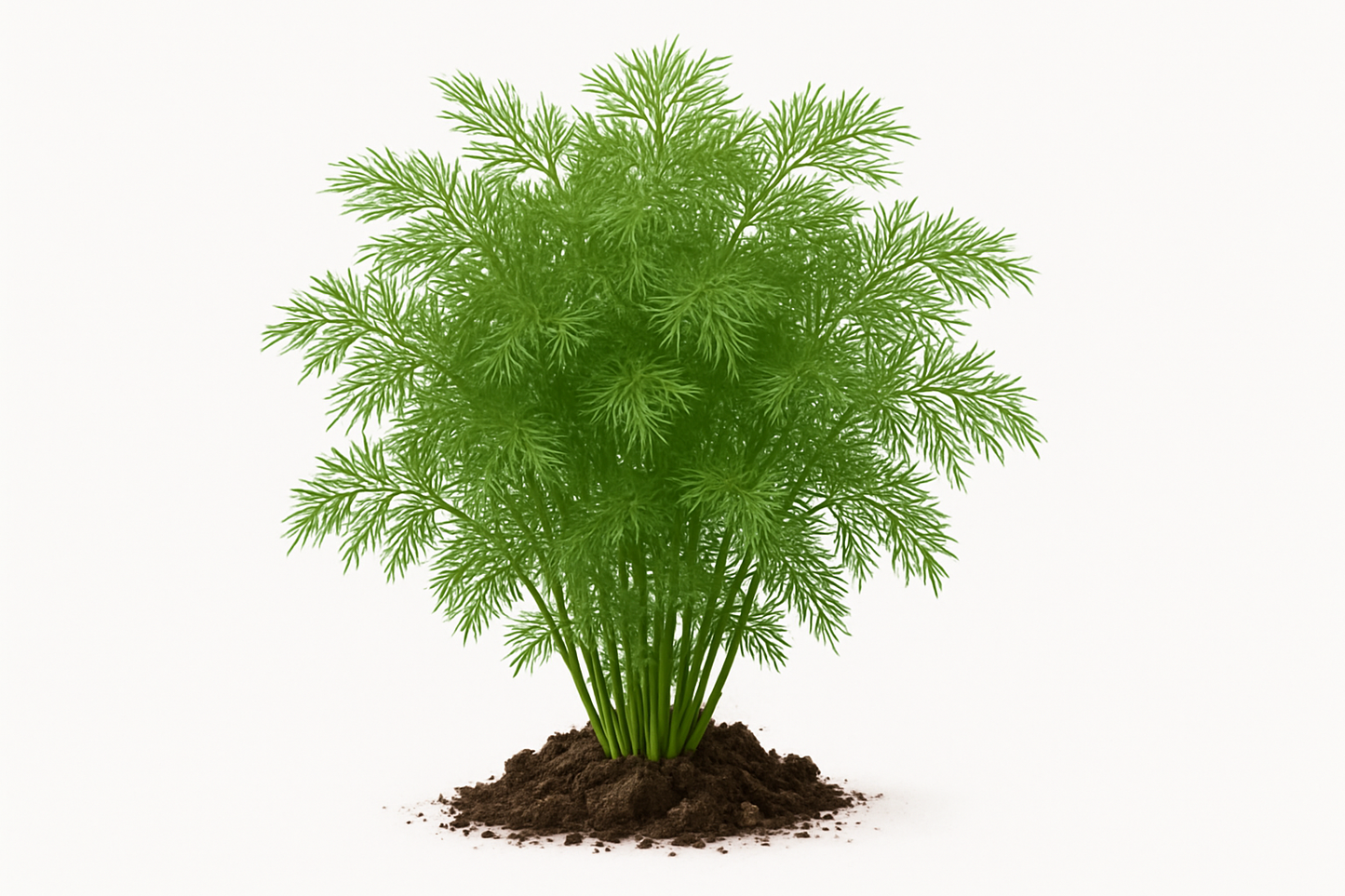 Dill Fernleaf Show the entire, mature plant upright with true-to-type, healthy foliage, the edible part visible, and in a small clump of natural soil. Use a solid, clean white background in a high-detail, fresh botanical catalog style for an online store.
Also show a close-up of the mature edible part (such as fruit, leaf, head, or flower) alone, on the same solid white background with accurate color, texture, and premium, fresh-picked appearance.
