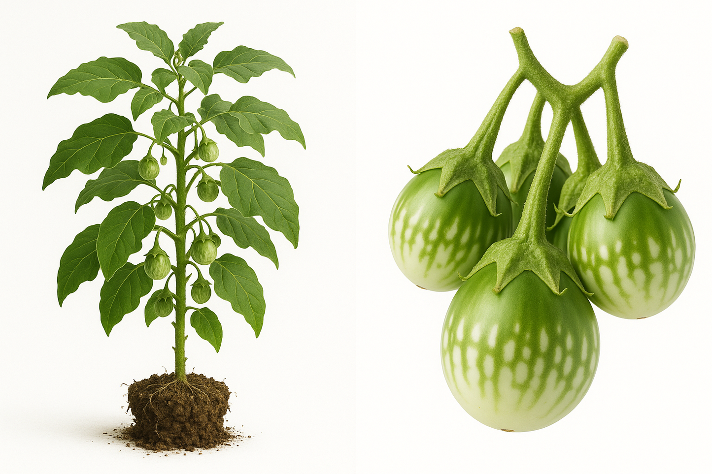 eggplant thai Kermit Show the entire, mature plant upright with true-to-type, healthy foliage, the edible part visible, and in a small clump of natural soil. Use a solid, clean white background in a high-detail, fresh botanical catalog style for an online store.
Also show a close-up of the mature edible part (such as fruit, leaf, head, or flower) alone, on the same solid white background with accurate color, texture, and premium, fresh-picked appearance.