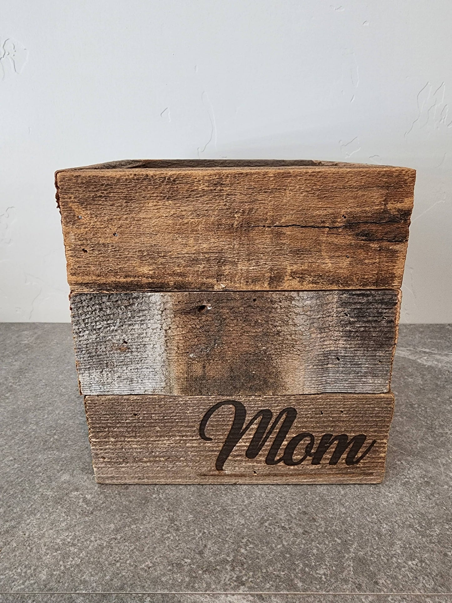 Rustic Wood Farmhouse Crock / Planter - Mom
