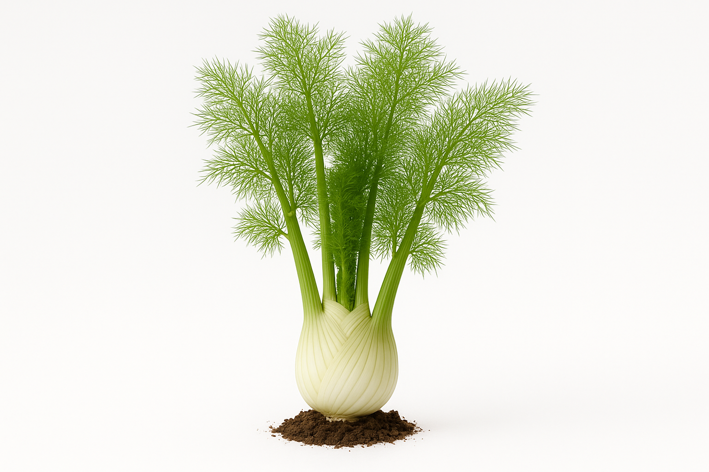 fennel Florence (bulging) Show the entire, mature plant upright with true-to-type, healthy foliage, and in a small clump of natural soil. Use a solid, clean white background in a high-detail, fresh botanical catalog style for an online store.