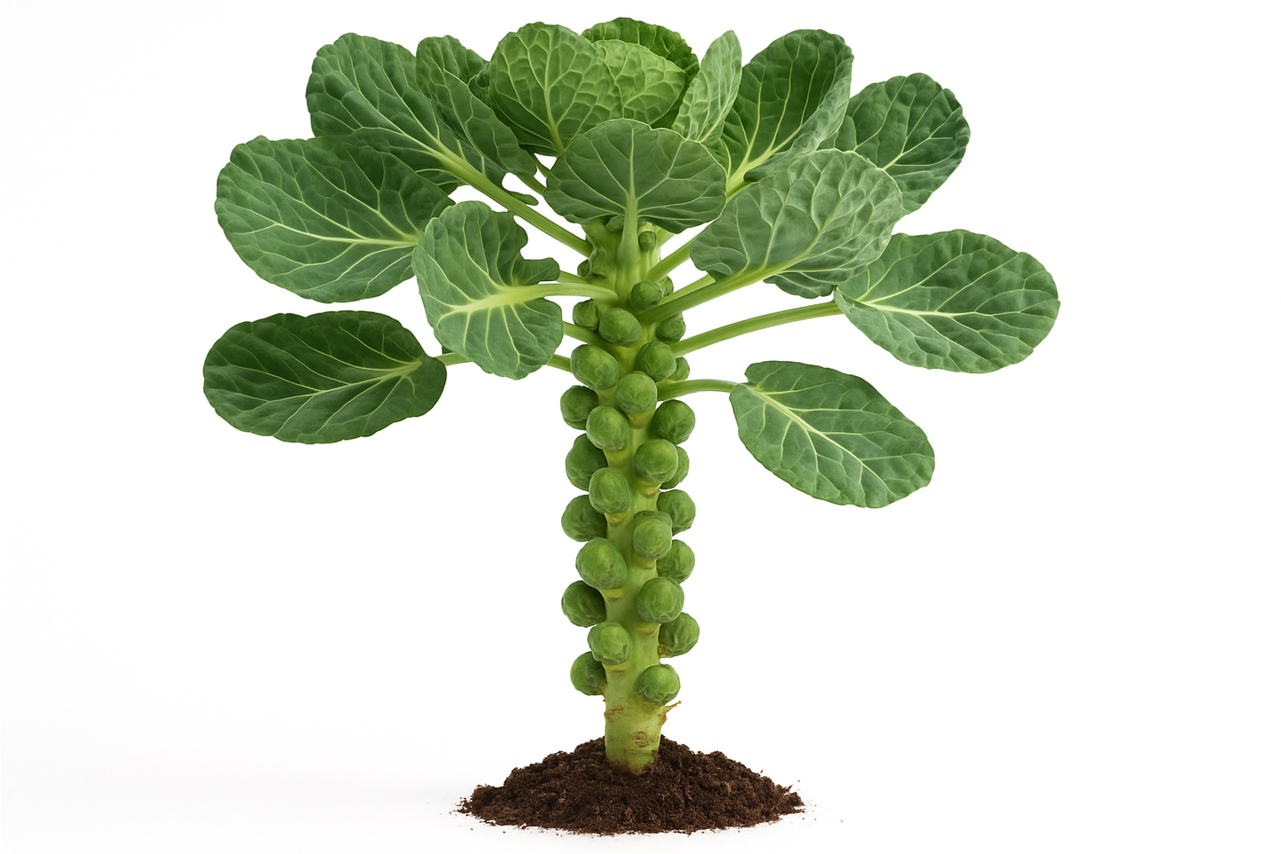 Generate two professional product images for Brussel Sprouts Jade Cross:
Show the entire, mature plant upright with true-to-type, healthy foliage, the edible part visible, and in a small clump of natural soil. Use a solid, clean white background in a high-detail, fresh botanical catalog style for an online store.
Also show a close-up of the mature edible part (such as fruit, leaf, head, or flower) alone, on the same solid white background with accurate color, texture, and premium, fresh-picked appearance.