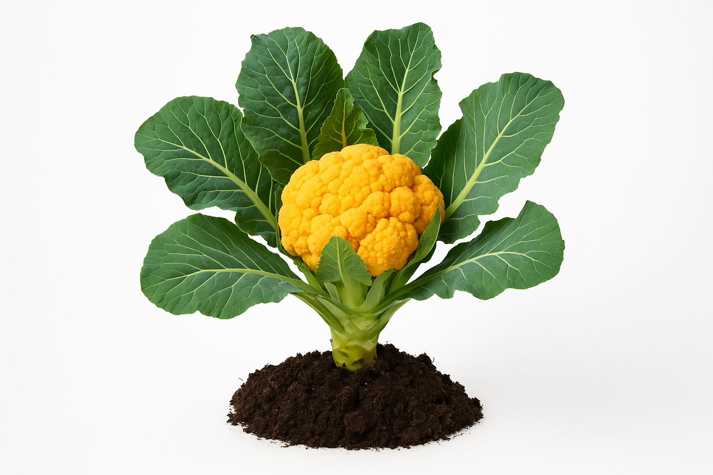 Generate two professional product images for Cauliflower Cheddar:
Show the entire, mature plant upright with true-to-type, healthy foliage, the edible part visible, and in a small clump of natural soil. Use a solid, clean white background in a high-detail, fresh botanical catalog style for an online store.
Also show a close-up of the mature edible part (such as fruit, leaf, head, or flower) alone, on the same solid white background with accurate color, texture, and premium, fresh-picked appearance.