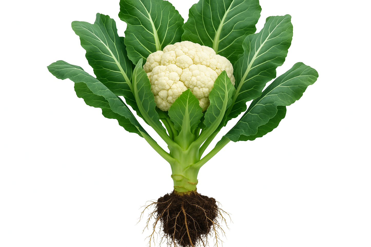 Generate two professional product images for Cauliflower Snowcrown:
Show the entire, mature plant upright with true-to-type, healthy foliage, the edible part visible, and roots in a small clump of natural soil. Use a solid, clean white background in a high-detail, fresh botanical catalog style for an online store.
Also show a close-up of the mature edible part (such as fruit, leaf, head, or flower) alone, on the same solid white background with accurate color, texture, and premium, fresh-picked appearance.