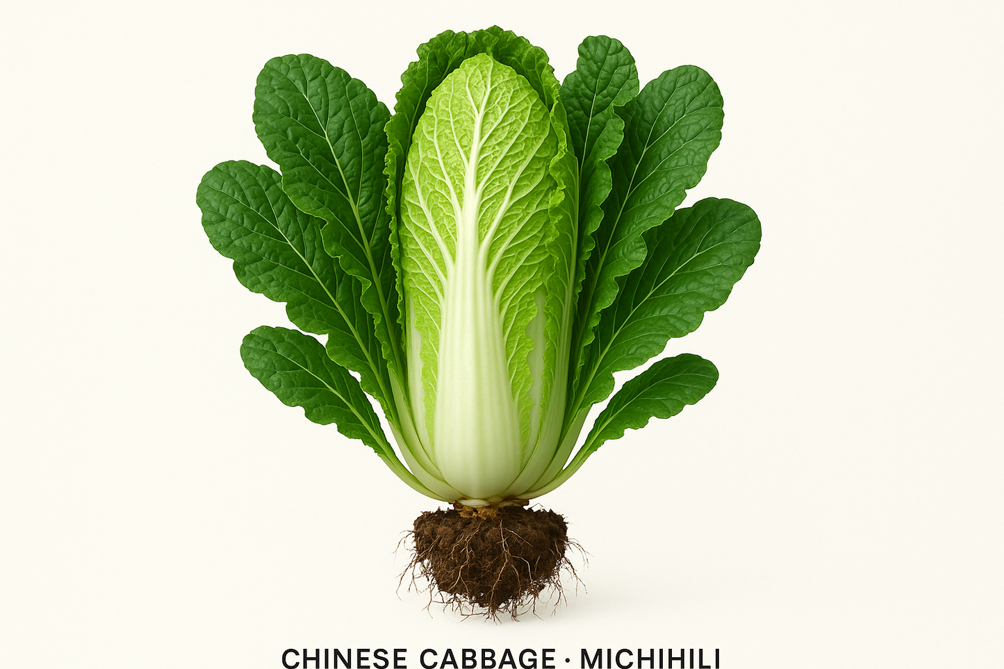 Generate two professional product images for Chinese Cabbage Michihili:
Show the entire, mature plant upright with true-to-type, healthy foliage, the edible part visible, and in a small clump of natural soil. Use a solid, clean white background in a high-detail, fresh botanical catalog style for an online store.
Also show a close-up of the mature edible part (such as fruit, leaf, head, or flower) alone, on the same solid white background with accurate color, texture, and premium, fresh-picked appearance.