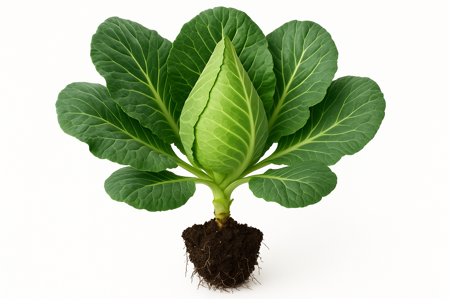 Generate two professional product images for Early Jersey Wakefield:
Show the entire, mature plant upright with true-to-type, healthy foliage, the edible part visible, and in a small clump of natural soil. Use a solid, clean white background in a high-detail, fresh botanical catalog style for an online store.
Also show a close-up of the mature edible part (such as fruit, leaf, head, or flower) alone, on the same solid white background with accurate color, texture, and premium, fresh-picked appearance.