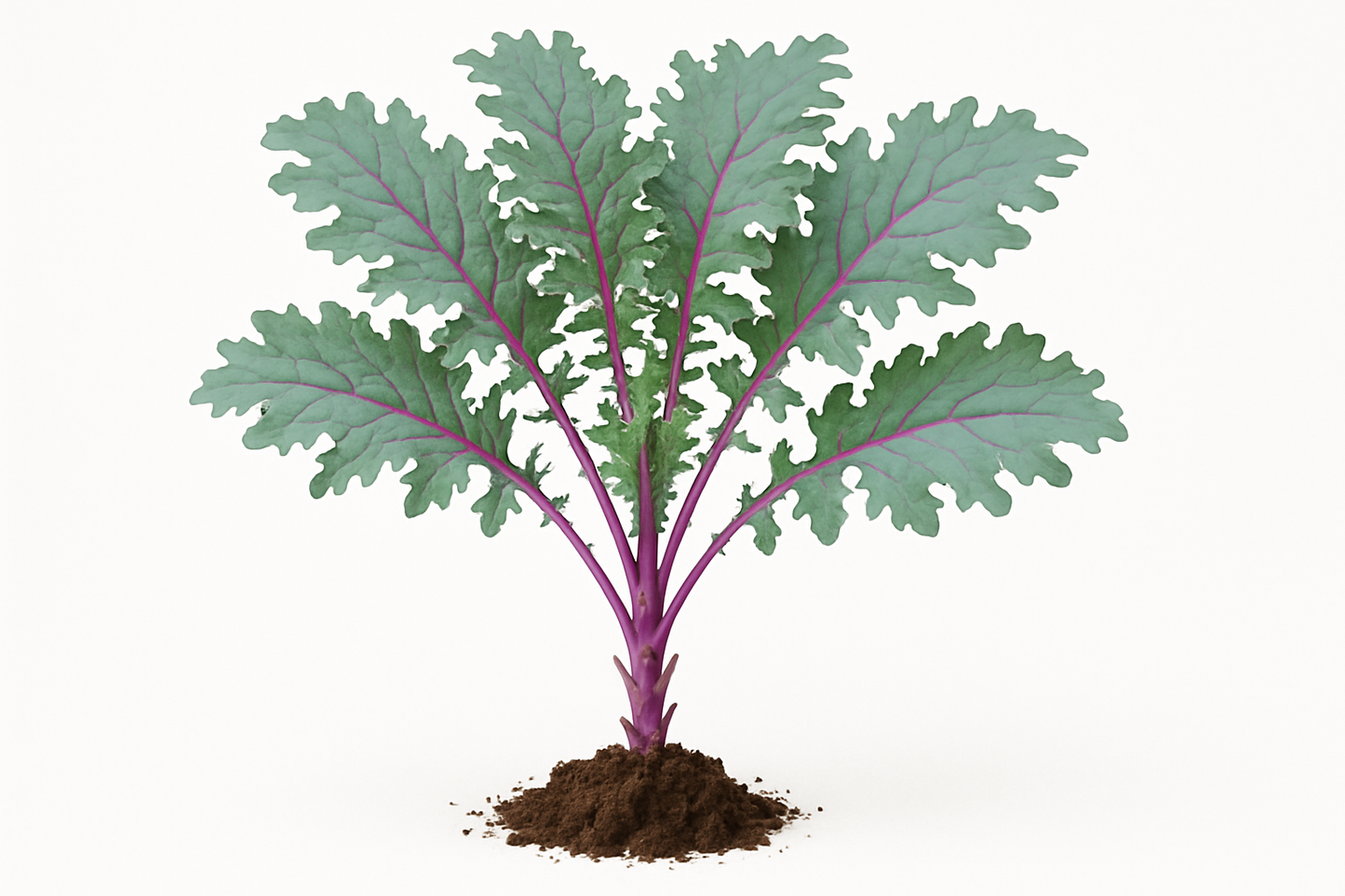 Kale Red Russian Show the entire, mature plant upright with true-to-type, healthy foliage, the edible part visible, and in a small clump of natural soil. Use a solid, clean white background in a high-detail, fresh botanical catalog style for an online store.
Also show a close-up of the mature edible part (such as fruit, leaf, head, or flower) alone, on the same solid white background with accurate color, texture, and premium, fresh-picked appearance