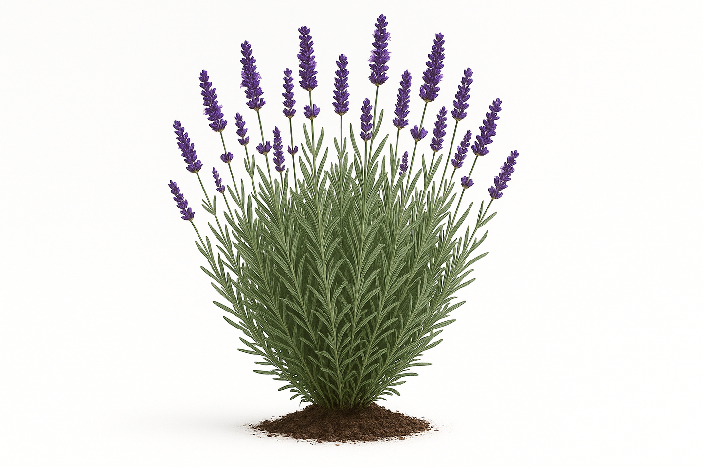 lavender phenomenal Show the entire, mature plant upright with true-to-type, healthy foliage, and in a small clump of natural soil. Use a solid, clean white background in a high-detail, fresh botanical catalog style for an online store.