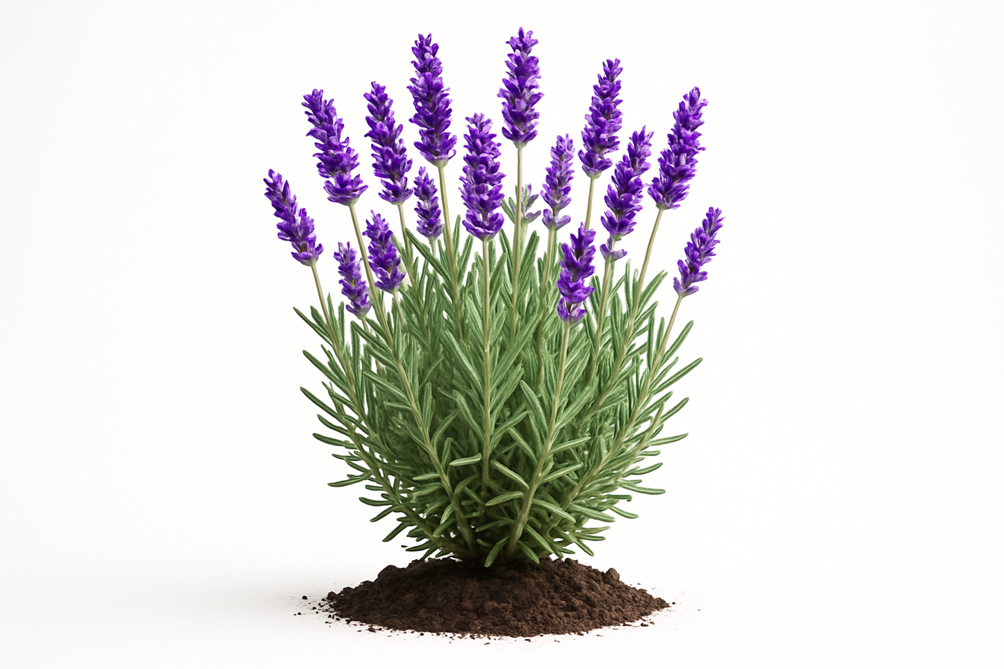 lavender sweet Show the entire, mature plant upright with true-to-type, healthy foliage, and in a small clump of natural soil. Use a solid, clean white background in a high-detail, fresh botanical catalog style for an online store.