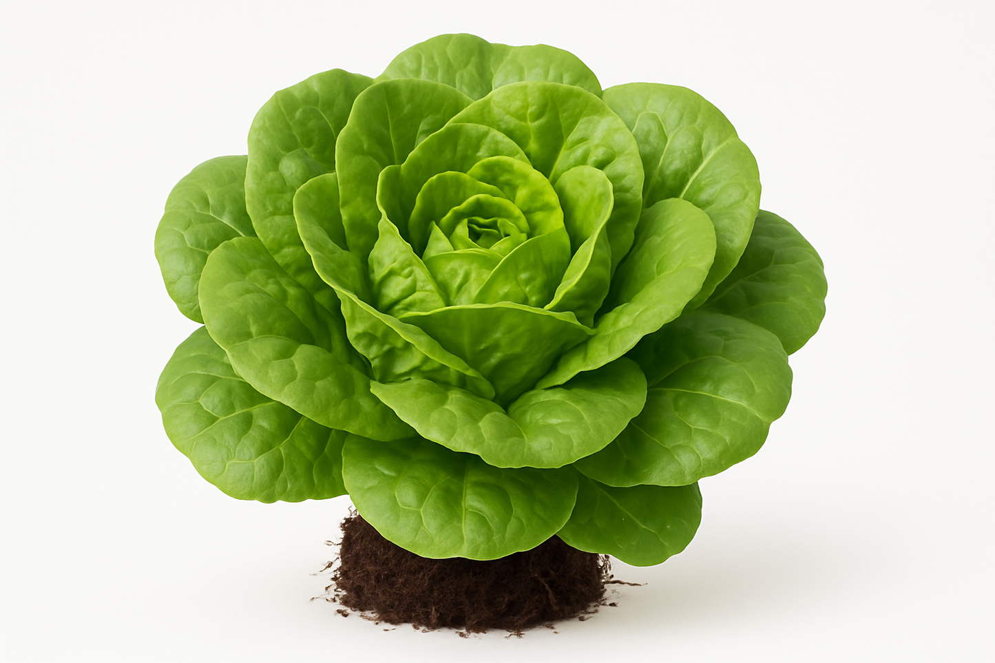 Lettuce Buttercrunch Show the entire, mature plant upright with true-to-type, healthy foliage, the edible part visible, and in a small clump of natural soil. Use a solid, clean white background in a high-detail, fresh botanical catalog style for an online store.
Also show a close-up of the mature edible part (such as fruit, leaf, head, or flower) alone, on the same solid white background with accurate color, texture, and premium, fresh-picked appearance