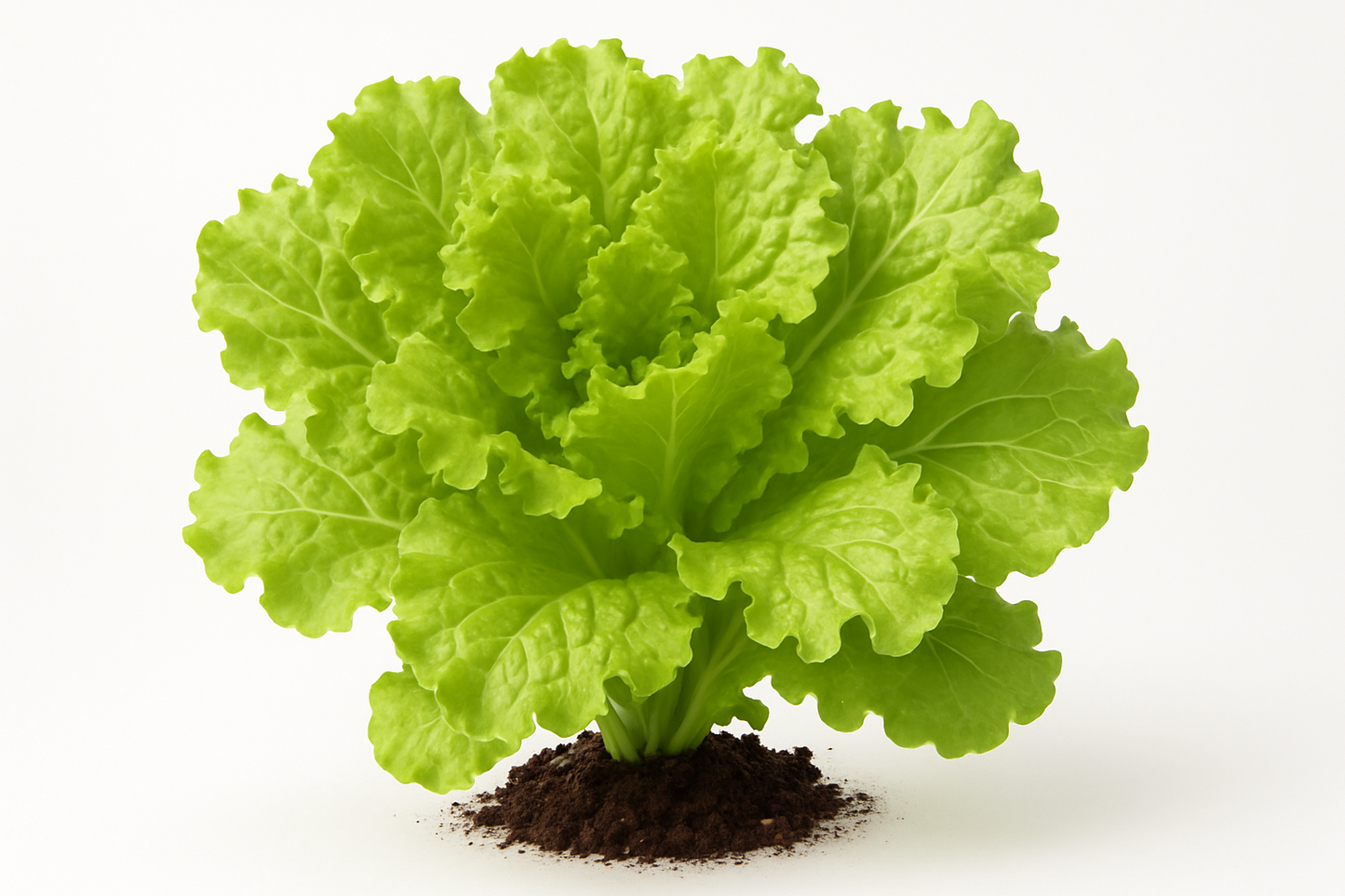 Lettuce Simpson Elite Show the entire, mature plant upright with true-to-type, healthy foliage, the edible part visible, and in a small clump of natural soil. Use a solid, clean white background in a high-detail, fresh botanical catalog style for an online store.
Also show a close-up of the mature edible part (such as fruit, leaf, head, or flower) alone, on the same solid white background with accurate color, texture, and premium, fresh-picked appearance.