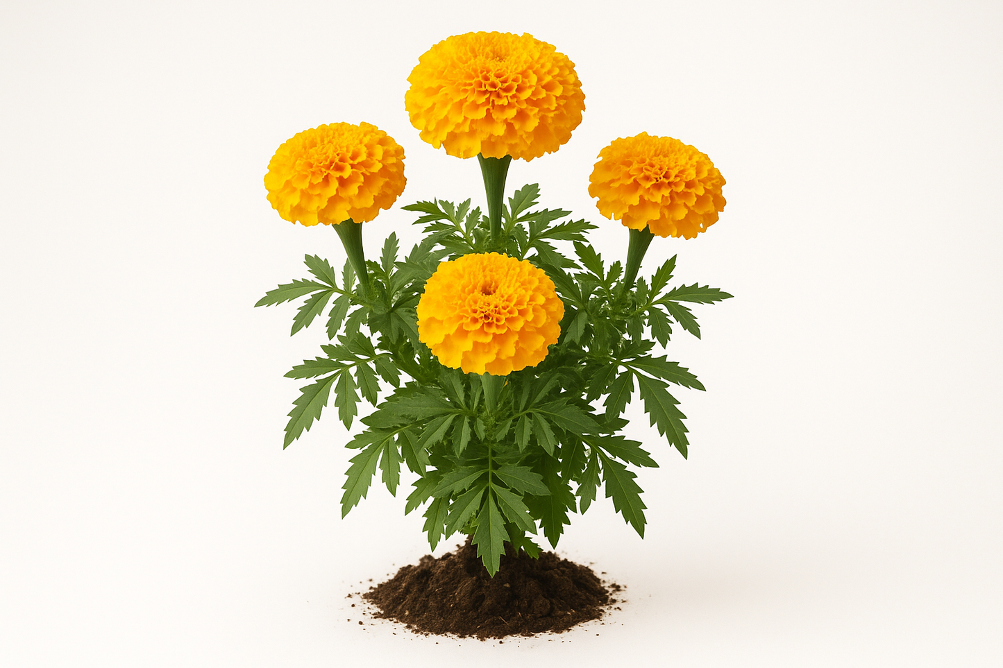Marigold African Mary Ellen Show the entire, mature plant upright with true-to-type, healthy foliage, the edible part visible, and in a small clump of natural soil. Use a solid, clean white background in a high-detail, fresh botanical catalog style for an online store.
Also show a close-up of the mature edible part (such as fruit, leaf, head, or flower) alone, on the same solid white background with accurate color, texture, and premium, fresh-picked appearance.