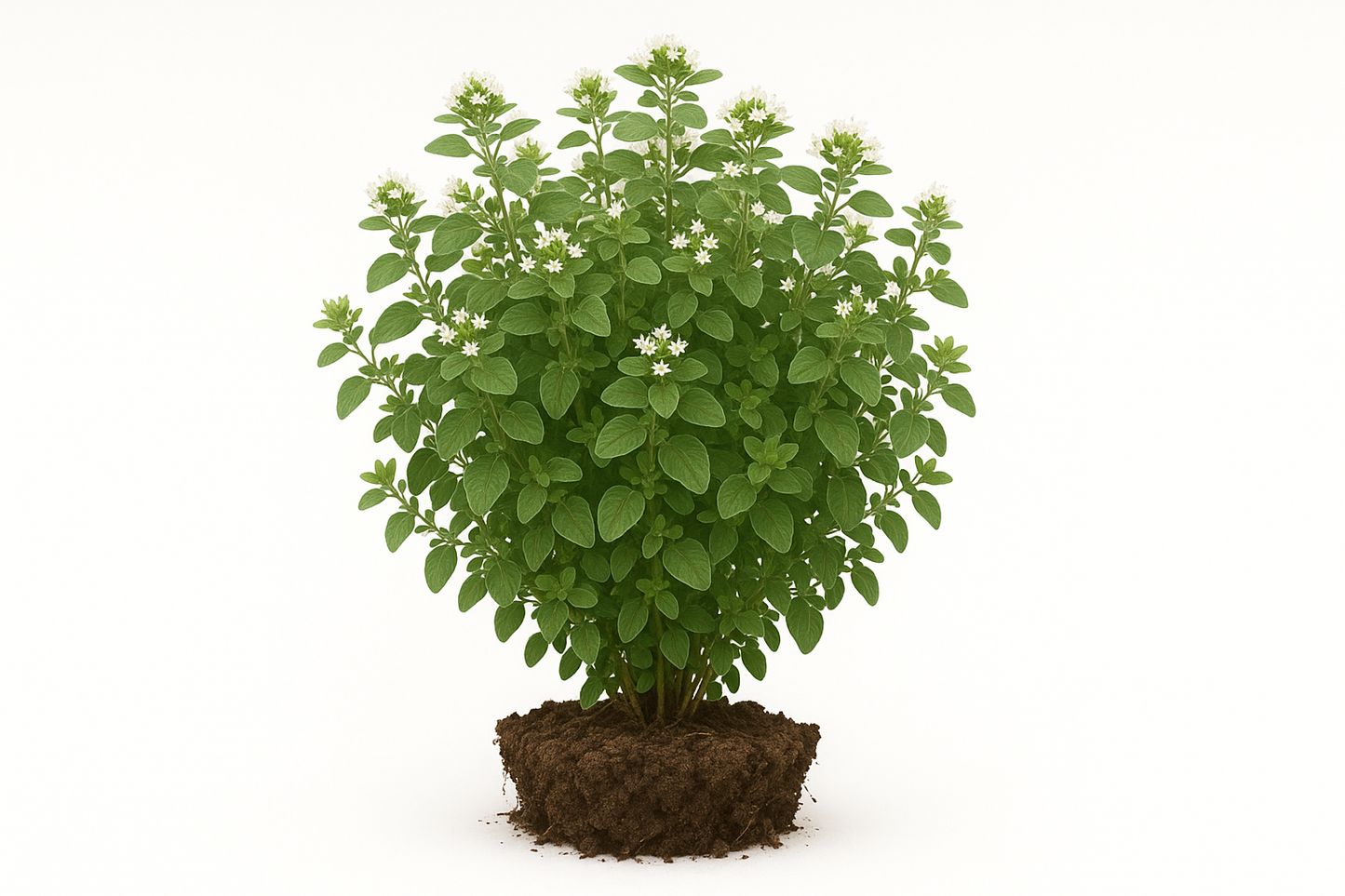 oregano greek Show the entire, mature plant upright with true-to-type, healthy foliage, and in a small clump of natural soil. Use a solid, clean white background in a high-detail, fresh botanical catalog style for an online store.