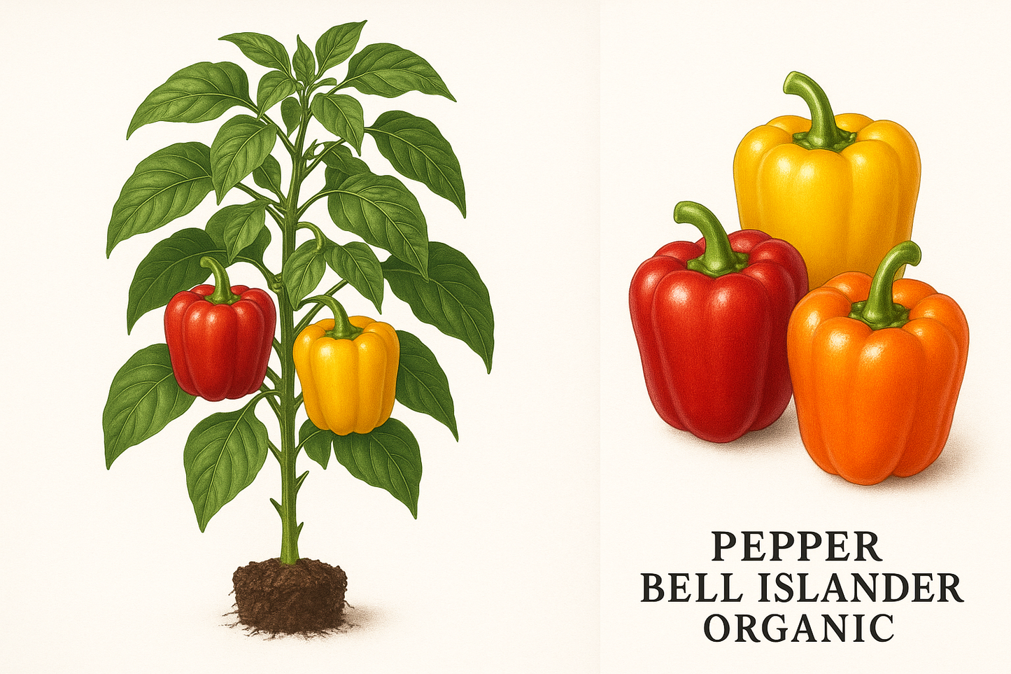 Pepper Bell Islander Organic Show the entire, mature plant upright with true-to-type, healthy foliage, the edible part visible, and in a small clump of natural soil. Use a solid, clean white background in a high-detail, fresh botanical catalog style for an online store.
Also show a close-up of the mature edible part (such as fruit, leaf, head, or flower) alone, on the same solid white background with accurate color, texture, and premium, fresh-picked appearance.