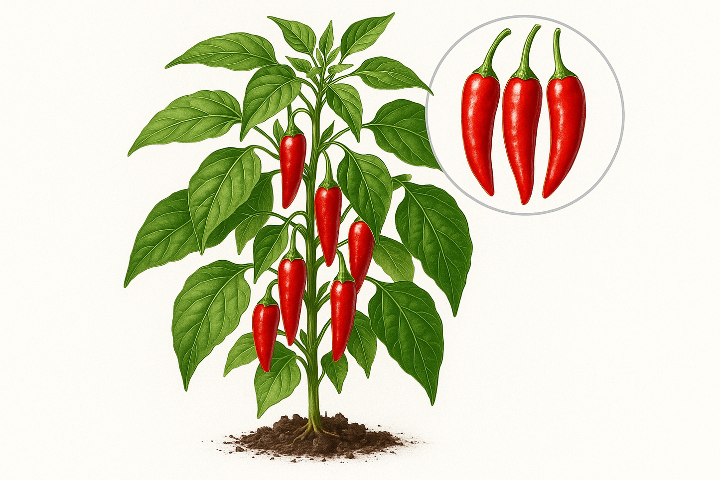 Pepper Costeno Rojo Show the entire, mature plant upright with true-to-type, healthy foliage, the edible part visible, and in a small clump of natural soil. Use a solid, clean white background in a high-detail, fresh botanical catalog style for an online store.
Also show a close-up of the mature edible part (such as fruit, leaf, head, or flower) alone, on the same solid white background with accurate color, texture, and premium, fresh-picked appearance.