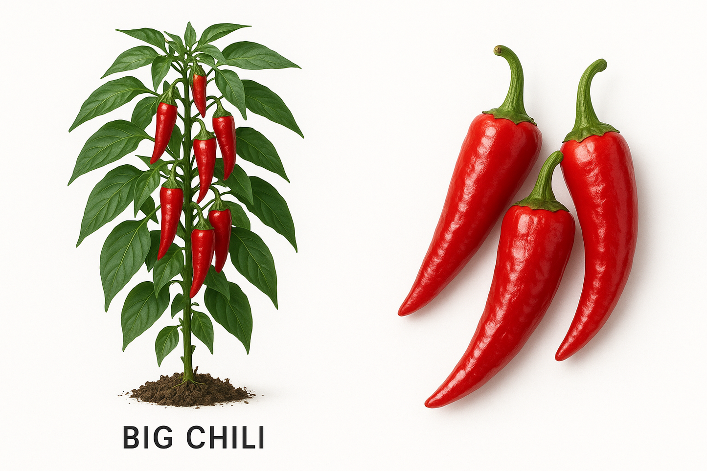 Pepper Hot Big Chili Hot Show the entire, mature plant upright with true-to-type, healthy foliage, the edible part visible, and in a small clump of natural soil. Use a solid, clean white background in a high-detail, fresh botanical catalog style for an online store.
Also show a close-up of the mature edible part (such as fruit, leaf, head, or flower) alone, on the same solid white background with accurate color, texture, and premium, fresh-picked appearance.