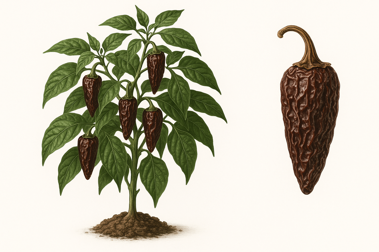 pepper hot chipotle Show the entire, mature plant upright with true-to-type, healthy foliage, the edible part visible, and in a small clump of natural soil. Use a solid, clean white background in a high-detail, fresh botanical catalog style for an online store.
Also show a close-up of the mature edible part (such as fruit, leaf, head, or flower) alone, on the same solid white background with accurate color, texture, and premium, fresh-picked appearance.