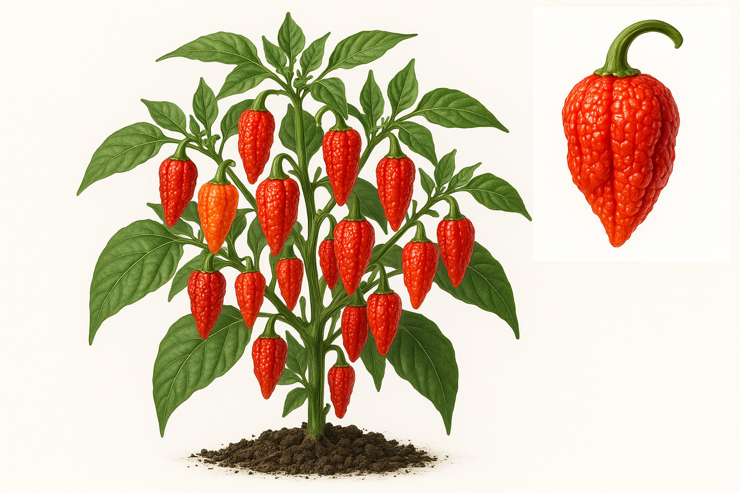 pepper hot crackle Show the entire, mature plant upright with true-to-type, healthy foliage, the edible part visible, and in a small clump of natural soil. Use a solid, clean white background in a high-detail, fresh botanical catalog style for an online store.
Also show a close-up of the mature edible part (such as fruit, leaf, head, or flower) alone, on the same solid white background with accurate color, texture, and premium, fresh-picked appearance.