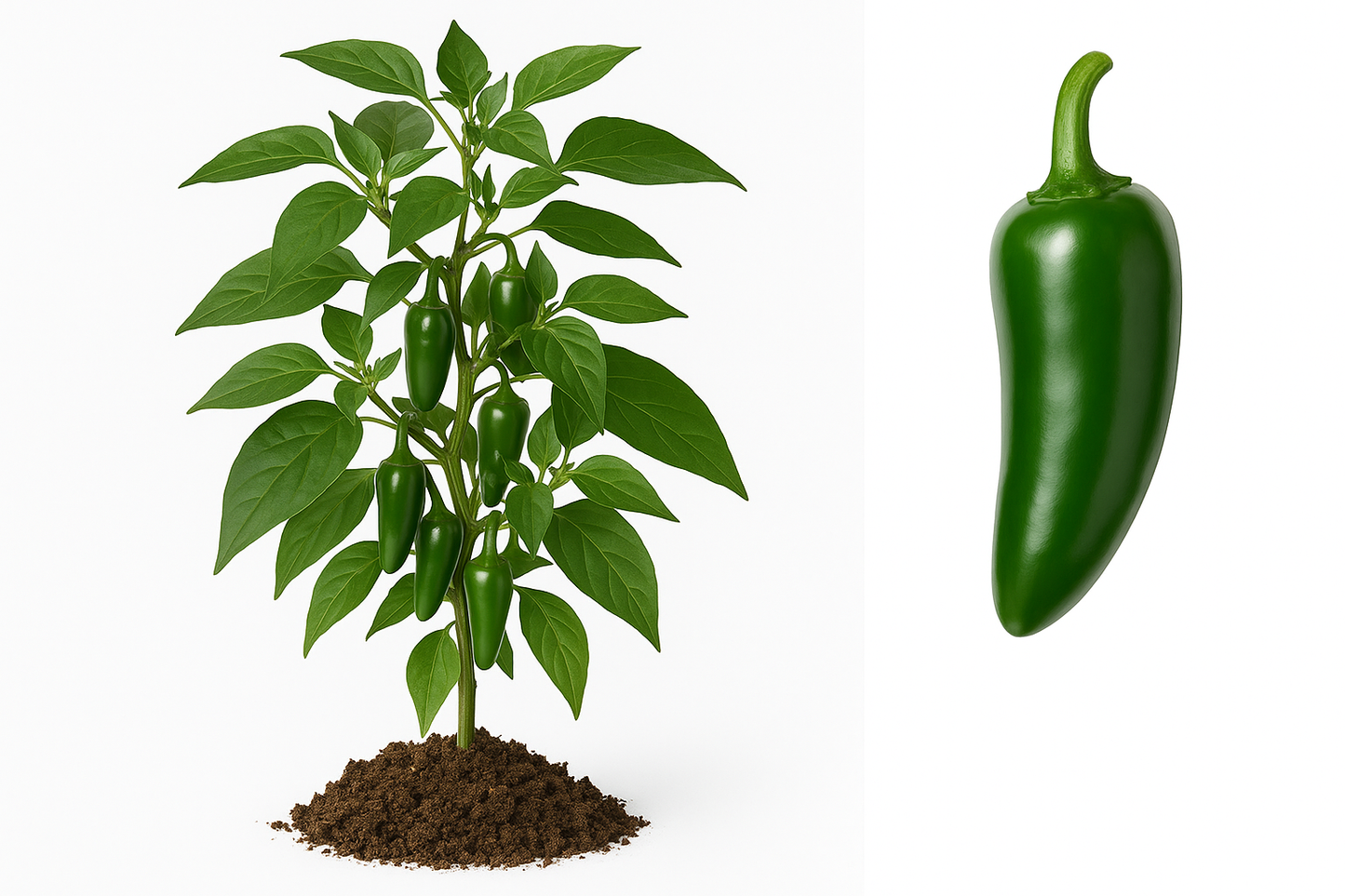 Pepper Hot Jalapeno Hot Show the entire, mature plant upright with true-to-type, healthy foliage, the edible part visible, and in a small clump of natural soil. Use a solid, clean white background in a high-detail, fresh botanical catalog style for an online store.
Also show a close-up of the mature edible part (such as fruit, leaf, head, or flower) alone, on the same solid white background with accurate color, texture, and premium, fresh-picked appearance.