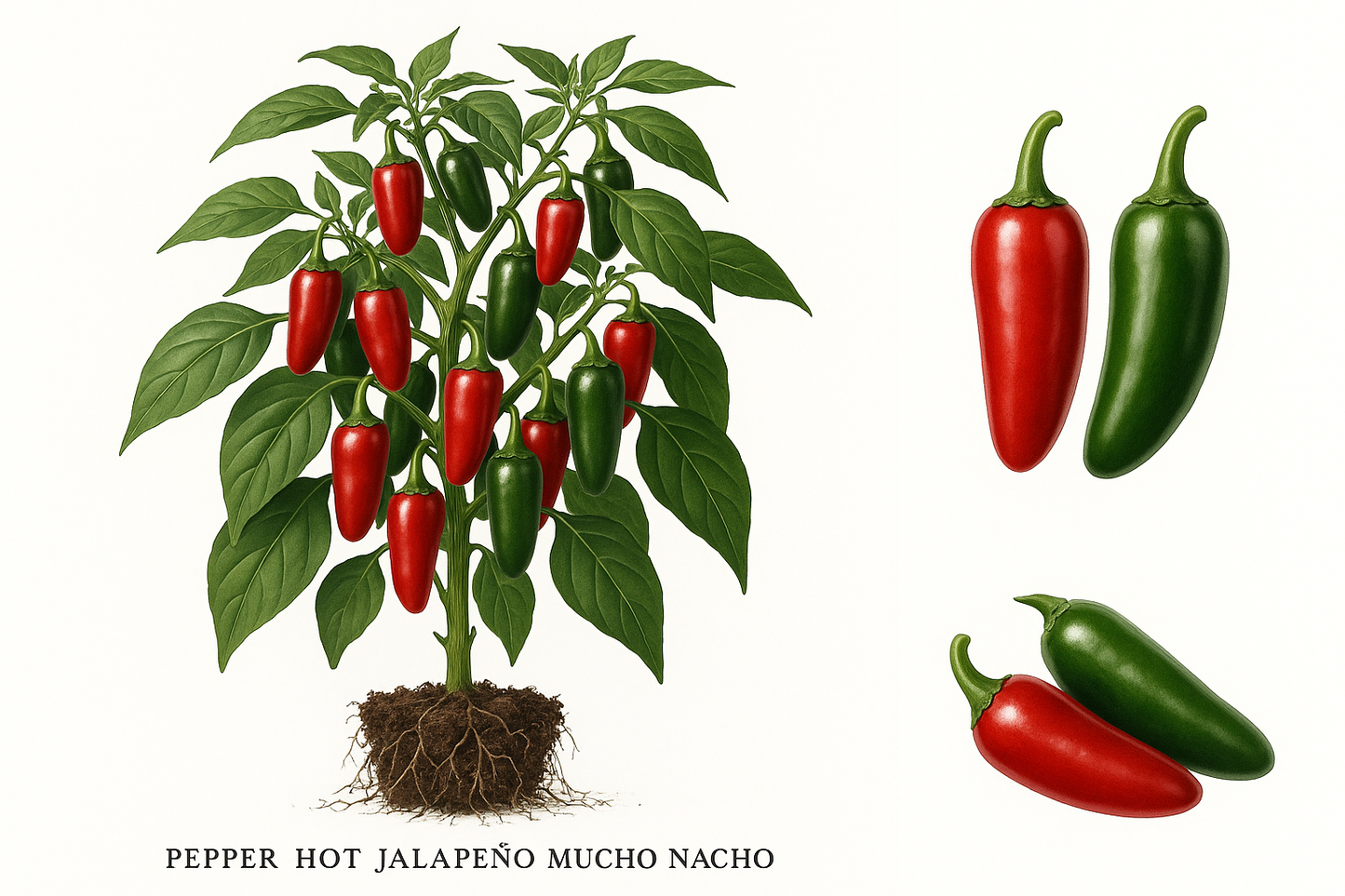 Pepper Hot Jalapeno Mucha Nacho Show the entire, mature plant upright with true-to-type, healthy foliage, the edible part visible, and in a small clump of natural soil. Use a solid, clean white background in a high-detail, fresh botanical catalog style for an online store.
Also show a close-up of the mature edible part (such as fruit, leaf, head, or flower) alone, on the same solid white background with accurate color, texture, and premium, fresh-picked appearance.