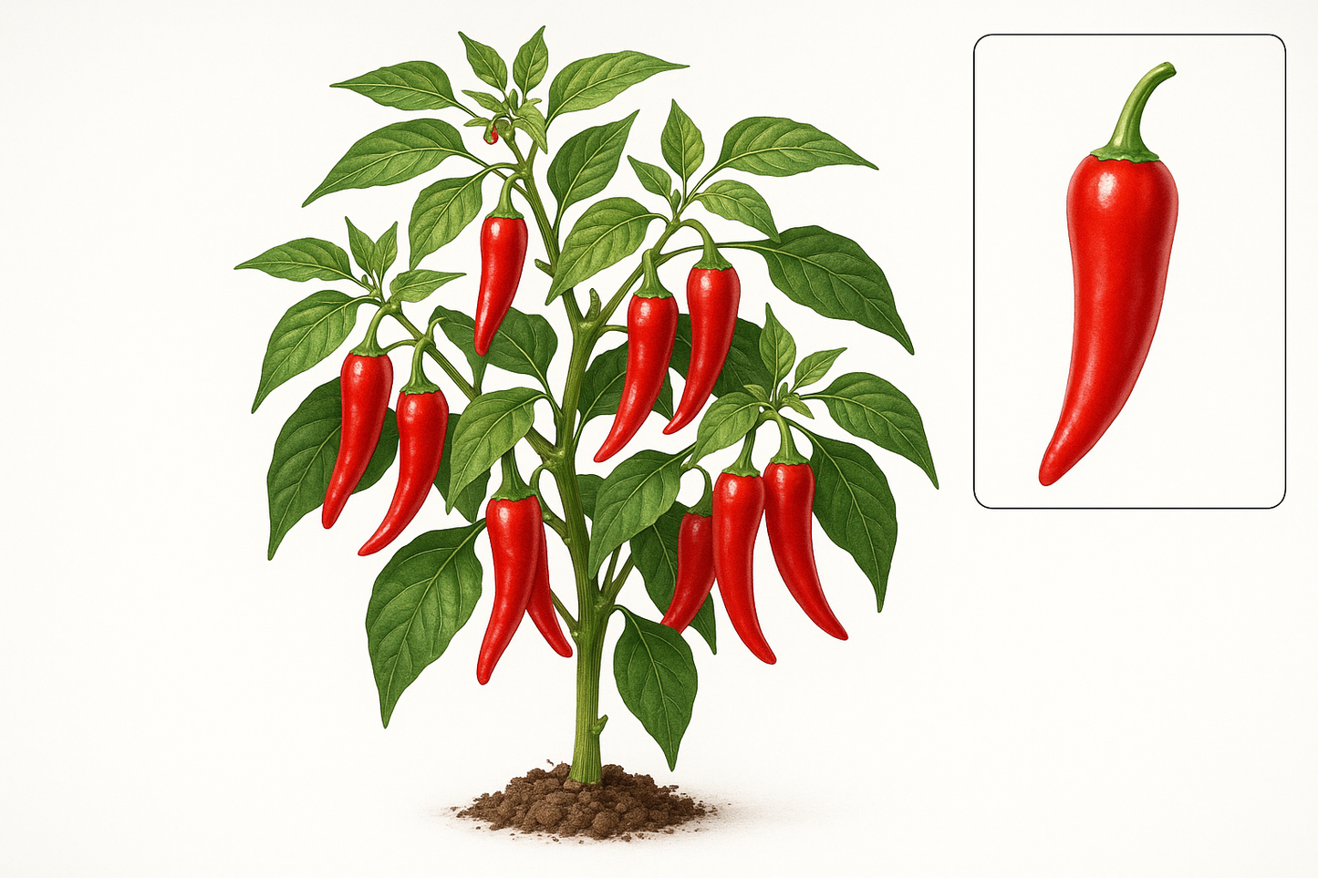 pepper hot Sriracha Show the entire, mature plant upright with true-to-type, healthy foliage, the edible part visible, and in a small clump of natural soil. Use a solid, clean white background in a high-detail, fresh botanical catalog style for an online store.
Also show a close-up of the mature edible part (such as fruit, leaf, head, or flower) alone, on the same solid white background with accurate color, texture, and premium, fresh-picked appearance.