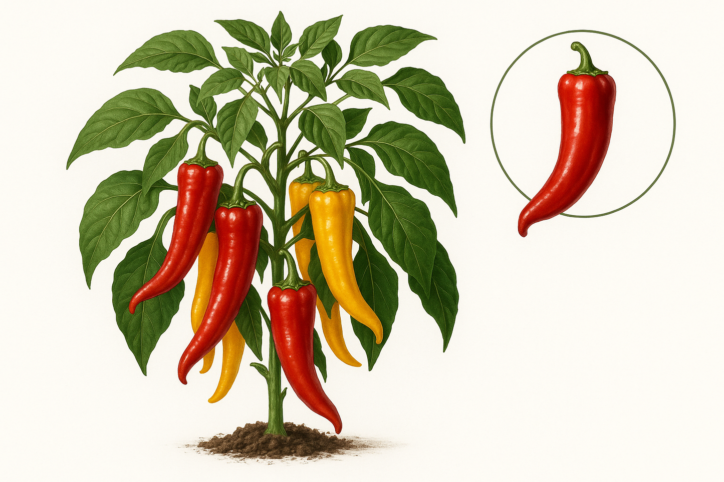 pepper sweet corno di toro Show the entire, mature plant upright with true-to-type, healthy foliage, the edible part visible, and in a small clump of natural soil. Use a solid, clean white background in a high-detail, fresh botanical catalog style for an online store.
Also show a close-up of the mature edible part (such as fruit, leaf, head, or flower) alone, on the same solid white background with accurate color, texture, and premium, fresh-picked appearance.