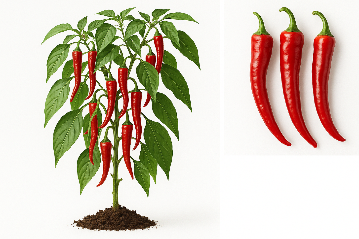 Pepper Sweet Jimmy Nardello Show the entire, mature plant upright with true-to-type, healthy foliage, the edible part visible, and in a small clump of natural soil. Use a solid, clean white background in a high-detail, fresh botanical catalog style for an online store.
Also show a close-up of the mature edible part (such as fruit, leaf, head, or flower) alone, on the same solid white background with accurate color, texture, and premium, fresh-picked appearance.
