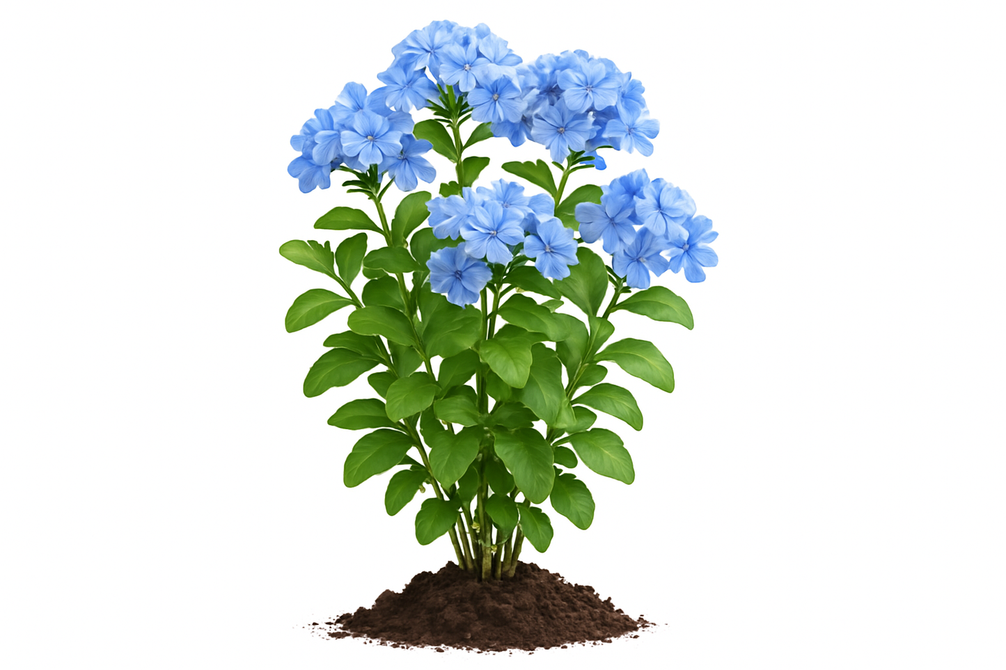 plumbago imneria blue Show the entire, mature plant upright with true-to-type, healthy foliage, and in a small clump of natural soil. Use a solid, clean white background in a high-detail, fresh botanical catalog style for an online store.
