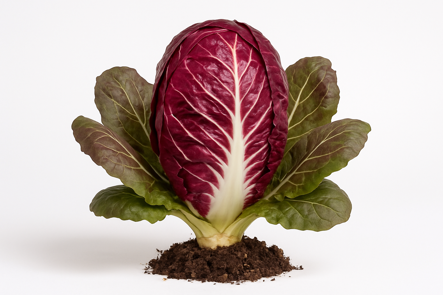 Radicchio Indigo Show the entire, mature plant upright with true-to-type, healthy foliage, the edible part visible, and in a small clump of natural soil. Use a solid, clean white background in a high-detail, fresh botanical catalog style for an online store.
Also show a close-up of the mature edible part (such as fruit, leaf, head, or flower) alone, on the same solid white background with accurate color, texture, and premium, fresh-picked appearance.