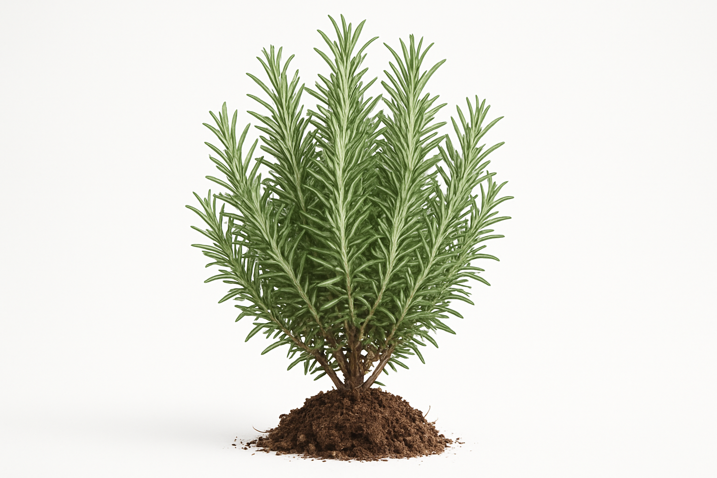 rosemary officinalis Show the entire, mature plant upright with true-to-type, healthy foliage, and in a small clump of natural soil. Use a solid, clean white background in a high-detail, fresh botanical catalog style for an online store.
