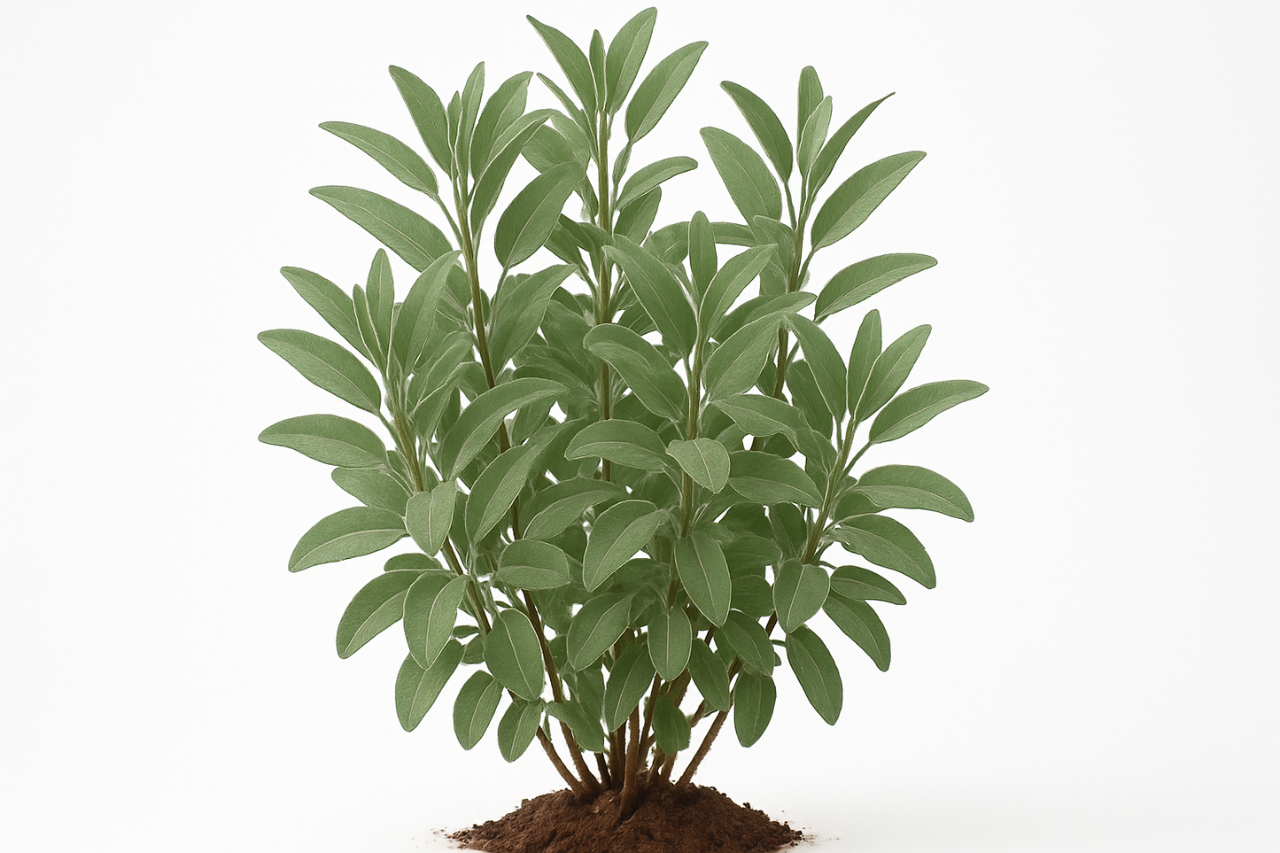 sage forsythia Show the entire, mature plant upright with true-to-type, healthy foliage, and in a small clump of natural soil. Use a solid, clean white background in a high-detail, fresh botanical catalog style for an online store.