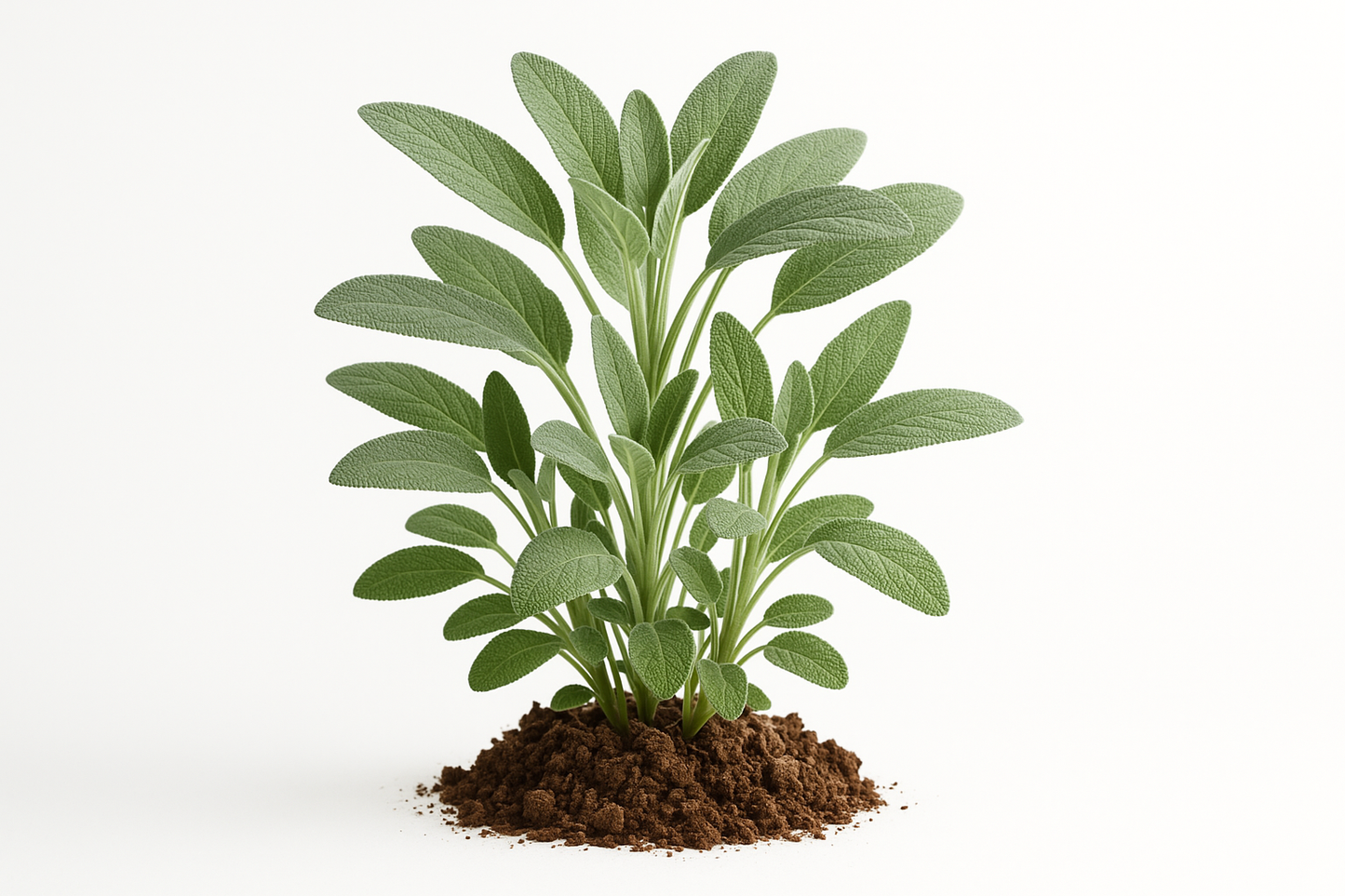 sage may night Show the entire, mature plant upright with true-to-type, healthy foliage, and in a small clump of natural soil. Use a solid, clean white background in a high-detail, fresh botanical catalog style for an online store.