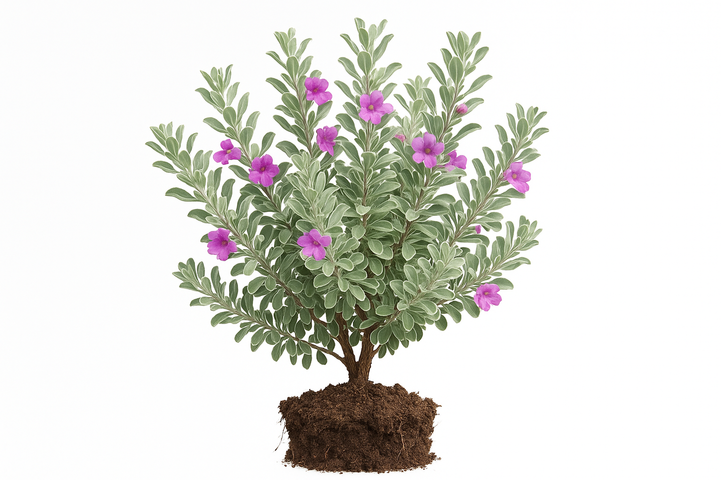 sage Mexican bush Show the entire, mature plant upright with true-to-type, healthy foliage, and in a small clump of natural soil. Use a solid, clean white background in a high-detail, fresh botanical catalog style for an online store.